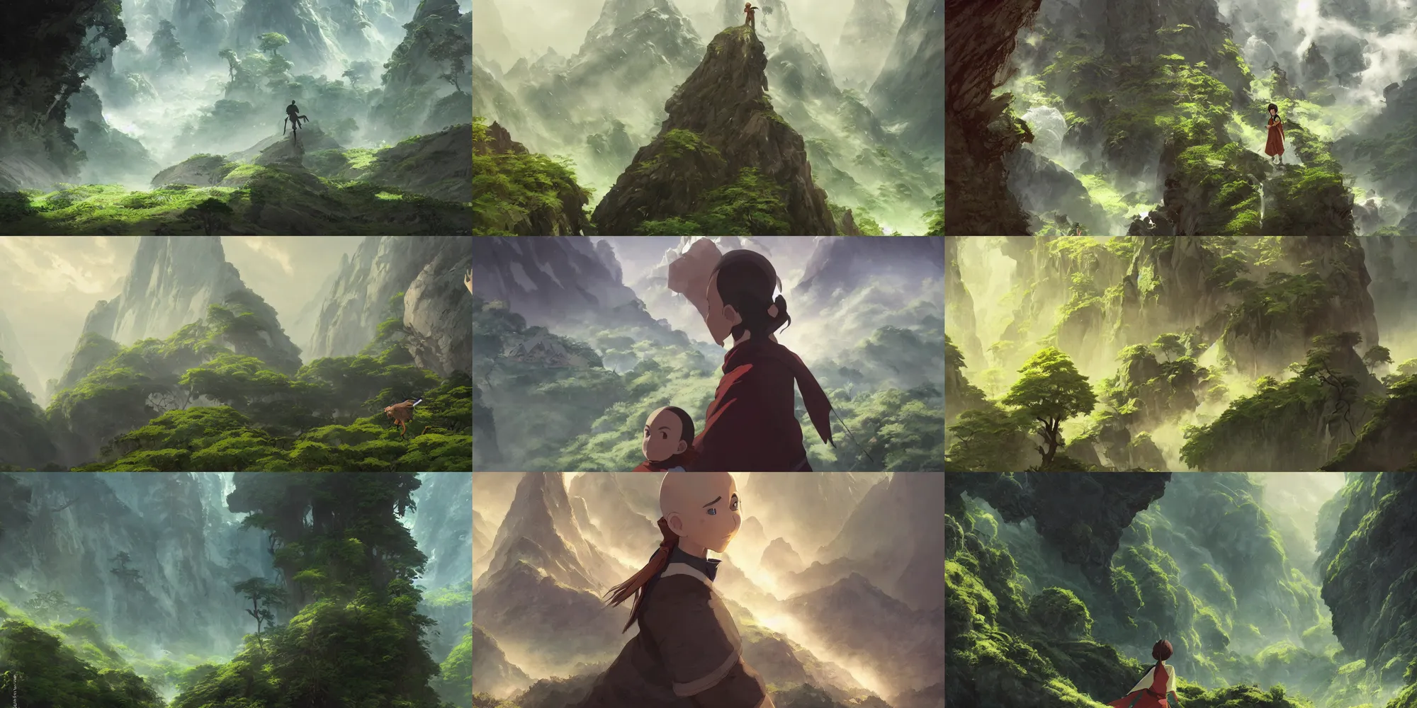 Prompt: realistic epic animation key of the last airbender, lush green mountains, close up portrait shot, studio ghibli, pixar and disney animation, sharp, anime key art by greg rutkowski, s, dramatic lighting