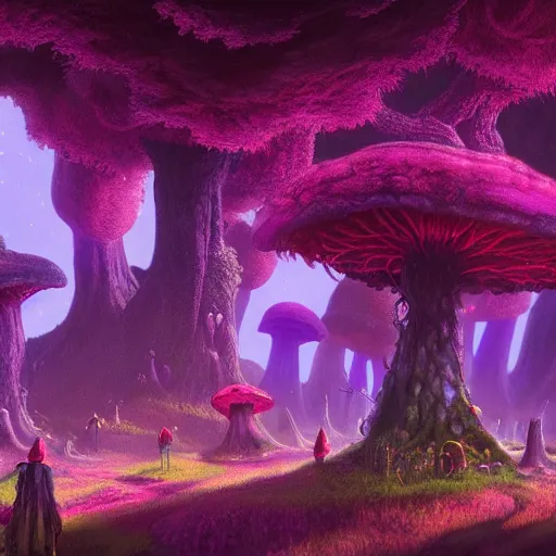 Image similar to concept art painting of a fantasy alien fungal landscape at night, magenta trees, glowing blue mushrooms, village of houses made of mushrooms, dark purple sky, realistic, detailed, cel shaded, in the style of makoto shinkai and greg rutkowski and albert bierstadt and james gurney