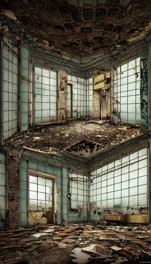 Image similar to a beautiful hyperdetailed illustration of building urbex abandoned bathroom by wes anderson, futuristic desert liberty city sea nature apocalyptic, archdaily, wallpaper, highly detailed, trending on artstation.