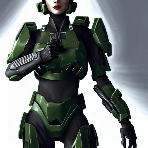 Image similar to A combination of Ada Wong's and Grace Kelly's and Ashley Greene's appearances with blonde hair wearing Master Chief's armor from Halo, high tech, action shot, angular, full body portrait, futuristic, dramatic, fantasy, intricate, elegant, highly detailed, digital painting, artstation, concept art, matte, sharp focus, illustration, 8K, art by Donato Giancola and James Gurney