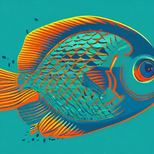 Prompt: one stylized fish, saturated colors, viewed in profile, dark ocean, complex patterns, artstation, intricate, realistic, highly detailed, digital painting, concept art, sharp focus, illustration by tom whalen and charles williams and kilian eng and james jean