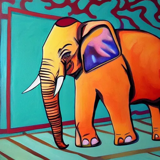 Image similar to an abstract oil painting of a gangster elephant and a gangster parquet