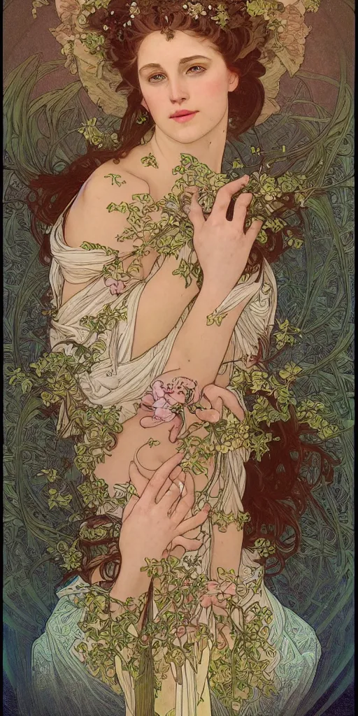 Image similar to a portrait of a beautiful female godess of spring, by Mohrbacher and Moebius and Alphonse Mucha and Roger Deakins, cinematic lighting, masterpiece, highly detailed, 8k resolution, trending on art station