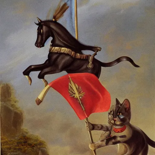 Prompt: a small warrior cat carrying his battle flag while riding a large cat steed that is galloping into battle