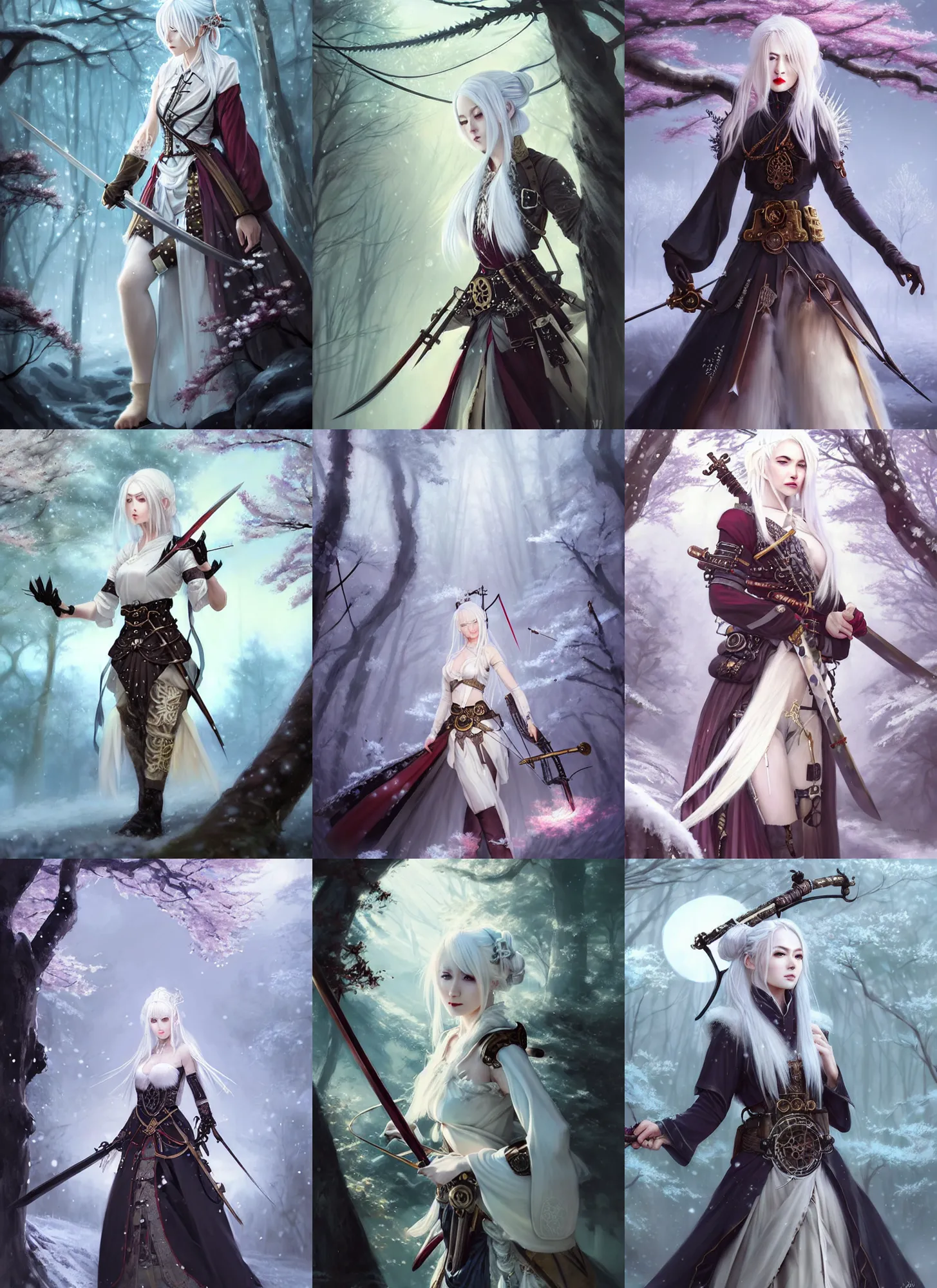 Prompt: stunningly beautiful female white hair hime cut, steampunk hakama with sword and crossbow, fantasy art, fae priestess, lush winter forest landscape, cherry blossom, dark light night, sharp focus, matte painting, 4 k, concept art, art by wlop, artgerm, greg rutkowski and krenz cushart