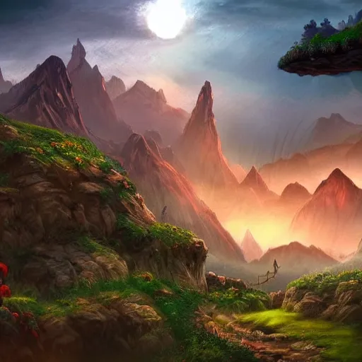 Prompt: way to the beautiful city in a ring of mountains, side-scrolling 2d platformer game level, swirling clouds, fantasy magical vegetation, dramatic dusk sun illuminates areas, volumetric light , detailed, rich color, upscale, fantasy, 8k