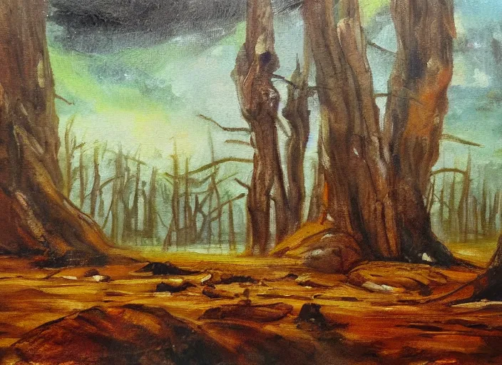 Prompt: a giant salt pale spears the land, oil painting, sketch, forest
