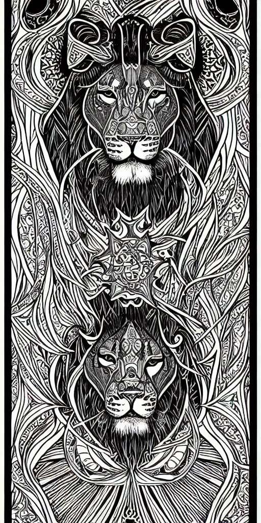 Image similar to a beautiful black and white fractal tarot card featuring bold occult imagery with clean lines. lioness demon. detailed adult coloring book