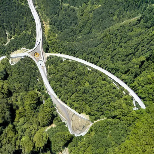 Image similar to gigantic concrete body parts integrated in the mountains, surrounded by vegetation, perspective shot from the sky, realistic, by origiful, 4 k