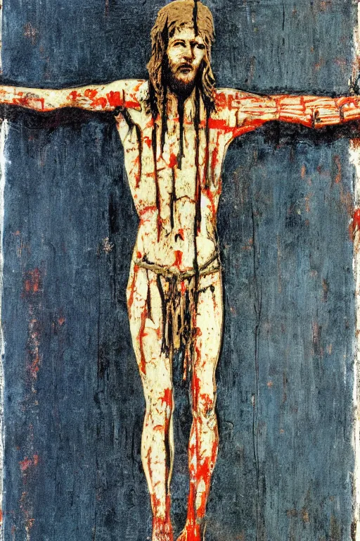 Image similar to bloody christ crucified on a very big mushroom painted in by cy twombly and andy warhol