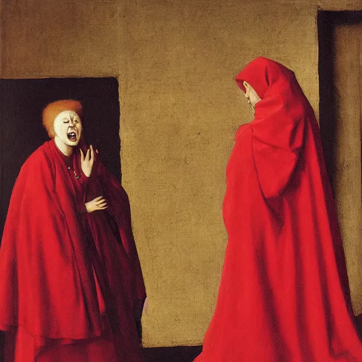 Image similar to an angry screaming woman in a red cloak, fire, by Jan van Eyck