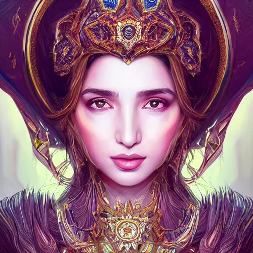 Prompt: head-on symmetrical centered painted portrait, Mahira Khan as a D&D wizard, bejeweled robes, fantasy, intricate, elegant, highly detailed, digital painting, smooth, sharp focus, illustration, artstation, in the style of Artgerm and Anna Podedworna and Alex Ross