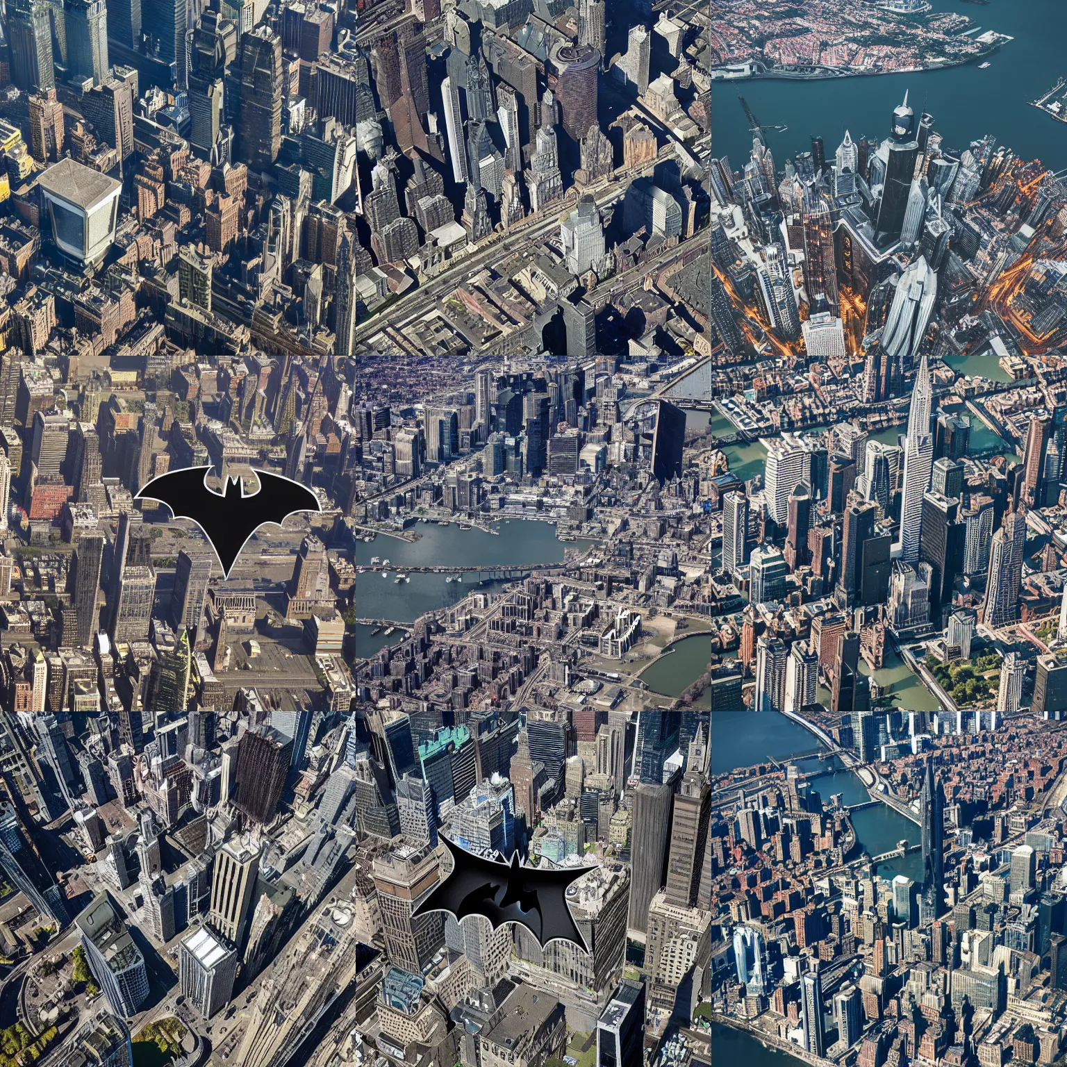 Prompt: batman, aerial view of gotham city
