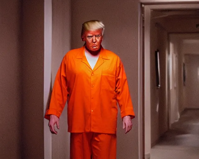 Image similar to establishing shot, film still of donald trump wearing orange prison pajamas locked up in an asylum, cinematic masterpiece, octane, dramatic lighting, very detailed