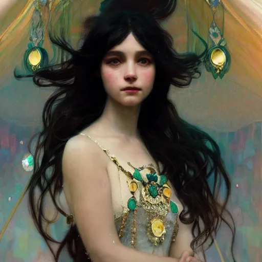 Prompt: a beautiful black haired young princess, adorned with precious stones by jeremy mann and alphonse mucha, photo realistic, dynamic lighting, windy, artstation, poster, dreamy, volumetric lighting, ethereal, 4 k, high detail