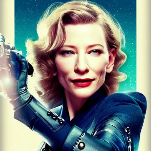 Image similar to cate blanchett, retro, scifi poster,