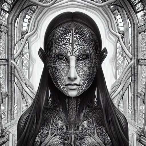 Prompt: hyper detailed bw linear pencil drawing, woman portrait, organic symmetric shapes by ernst haeckel, unreal engine