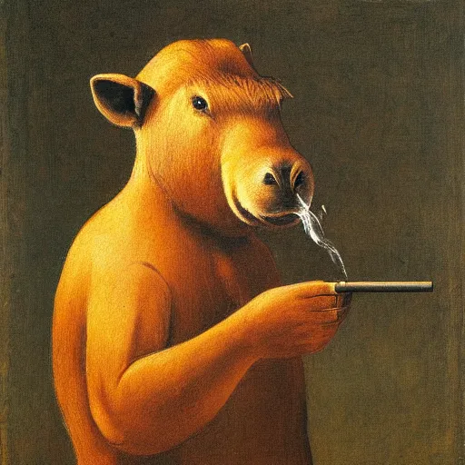 Prompt: gentleman capybara smoking, portrait, painting, vivid colours, Renaissance, detail, da vinci