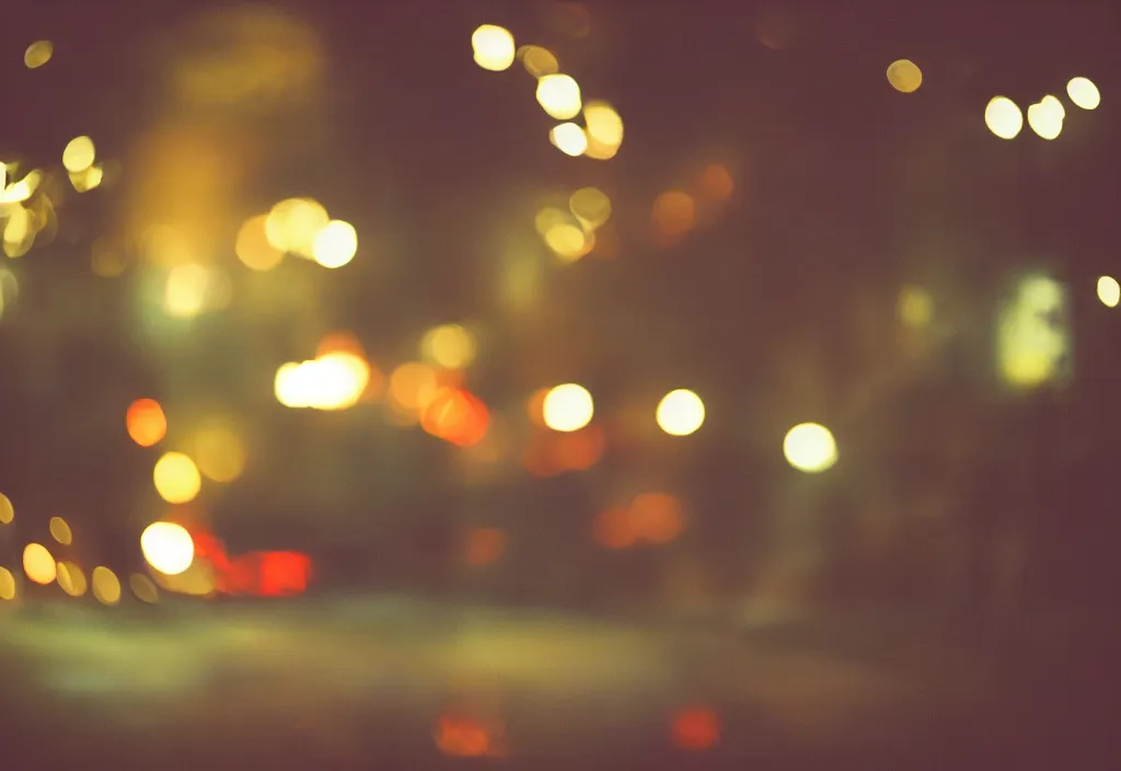 Prompt: we fell in love and it fell apart, cinestill, lomo, bokeh, out of focus, night, dramatic lighting