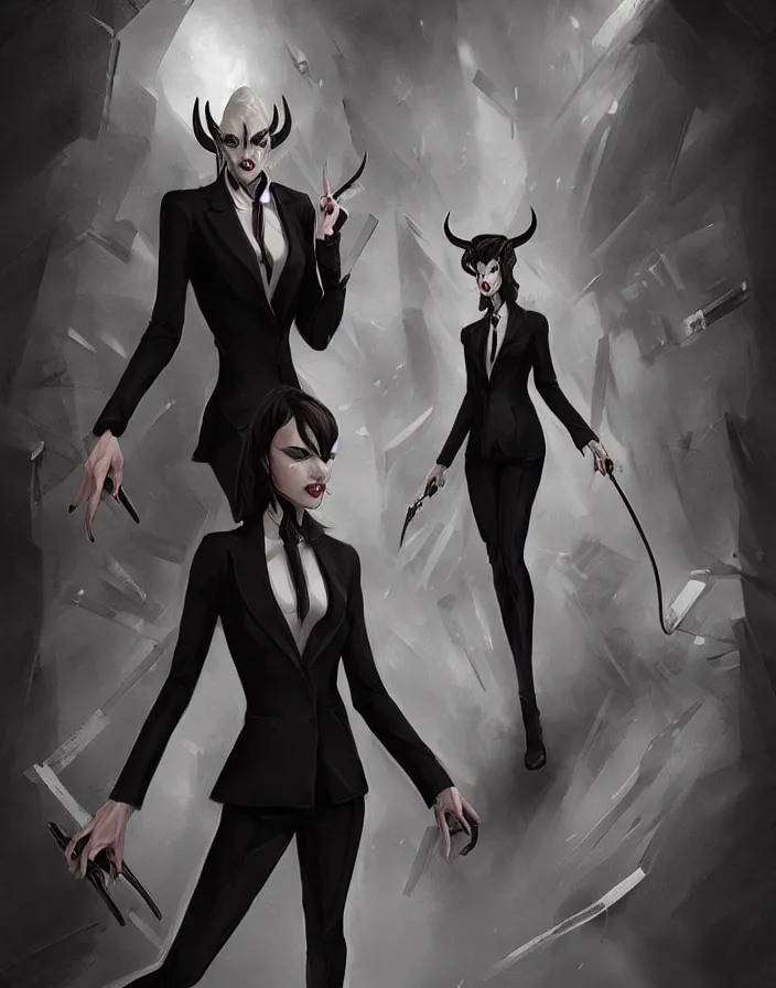 Prompt: an elegant demon waifu dressed in a smart black suit is offering you a contract to sign, digital art by łukasz piskorz and patrick mcenvoy and michael komarck, intricate, highly detailed, artstation, concept art, smooth, sharp focus