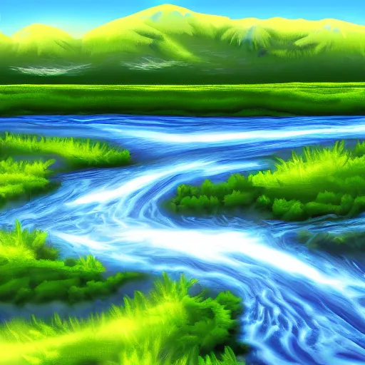 Image similar to digital art painting of a river running through the plains, very mediocre, not detailed at all.