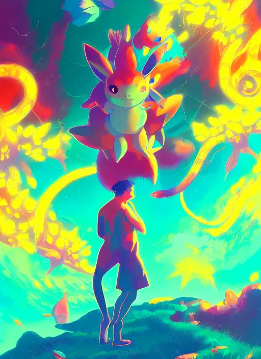 Prompt: A psychedelic portrait of pokemon adventure, vibrant color scheme, highly detailed, in the style of romanticism, cinematic, artstation, Moebius, Greg rutkowski