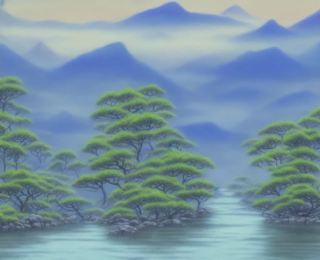 Prompt: a landscape pastel in the style of noriyoshi ohrai of a blue river to some misty mountains in the background. along the river stands stone pillars that reflect in the water. key art. 4 k fantasy