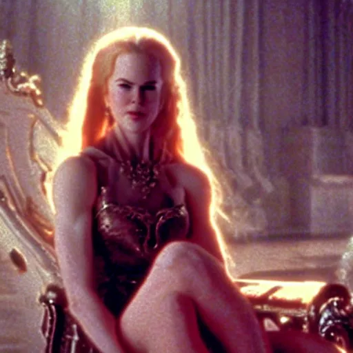 Image similar to cinematic scene with a twenty year old nicole kidman on a majestic throne as the goddess of war, dramatic, small details, volumetric lighting, still frame