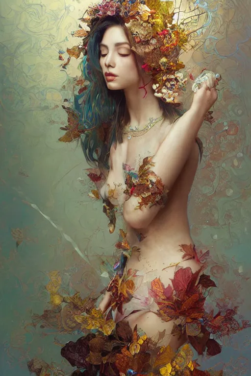 Image similar to a beautiful girl in intricate detailed color oilpaint, 3 d render, hyper realistic detailed portrait, flocking color leaves, ornate leaves headpiece, elegant, intense colors, ruan jia, wlop. scifi, fantasy, hyper detailed, octane render, concept art, by peter mohrbacher, by alphonse mucha, by wlop, by ruan jia