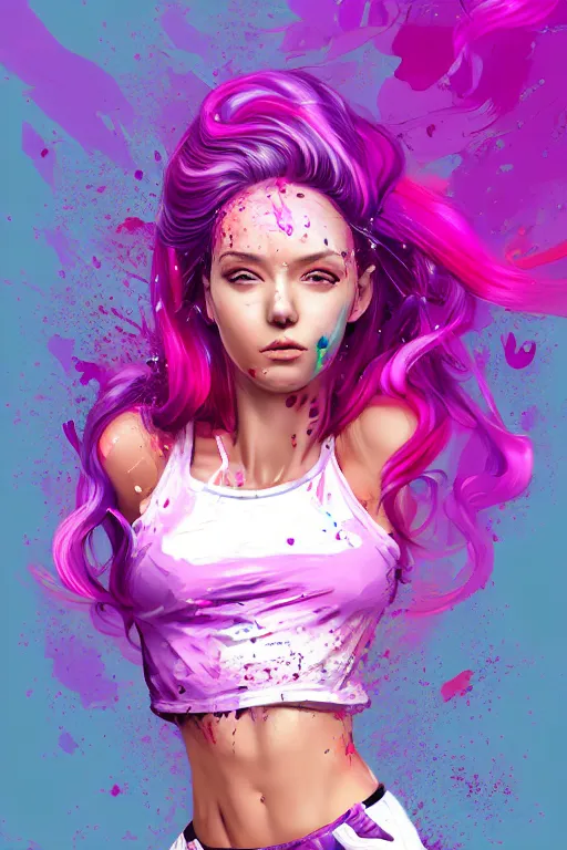 Image similar to a award winning half body portrait of a beautiful woman in a croptop and cargo pants with ombre purple pink teal hairstyle with head in motion and hair flying by artgerm, paint splashes, splatter, outrun, vaporware, shaded flat illustration, digital art, trending on artstation, highly detailed, fine detail, intricate