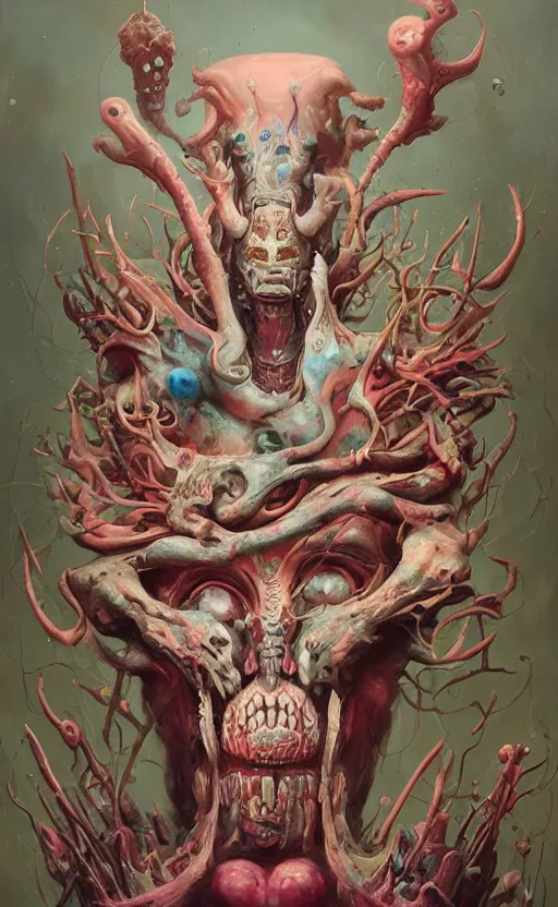 Image similar to a biomorphic painting of a warrior with edgy armor and eyeballs in it, a surrealist painting by Nychos, by Peter Mohrbacher, by Beksinski, pastel blues and pinks, featured on artstation, metaphysical painting, oil on canvas, fluid acrylic pour art, airbrush art,