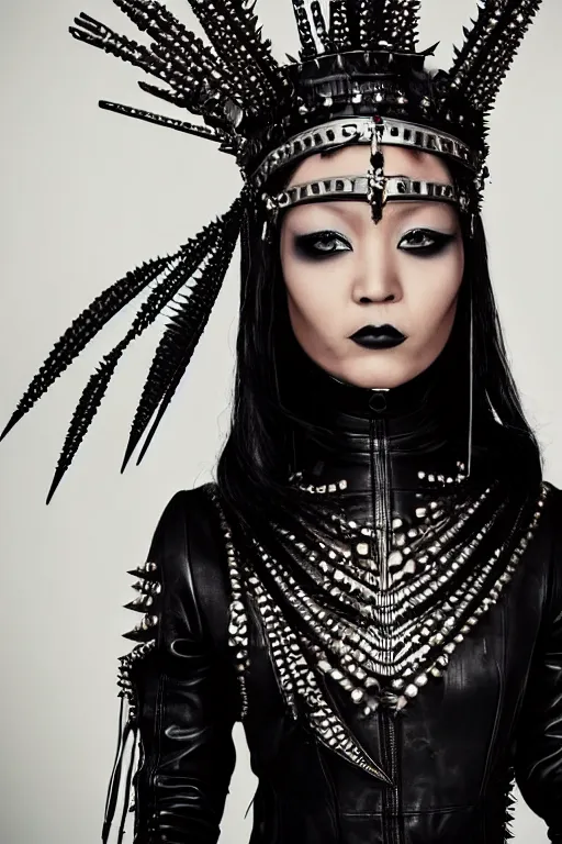 Image similar to an tibetian woman in a black leather outfit with spikes on her head, a high fashion character portrait by christen dalsgaard, featured on behance, gothic art, androgynous, genderless, gothic
