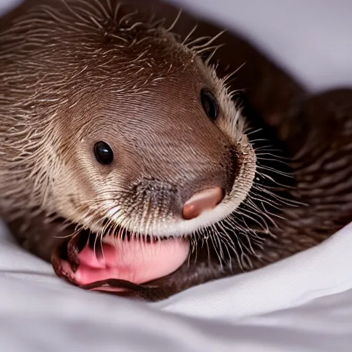 Prompt: an unbelievably cute baby otter laying in bed with a night cap on, high quality photography, 4k