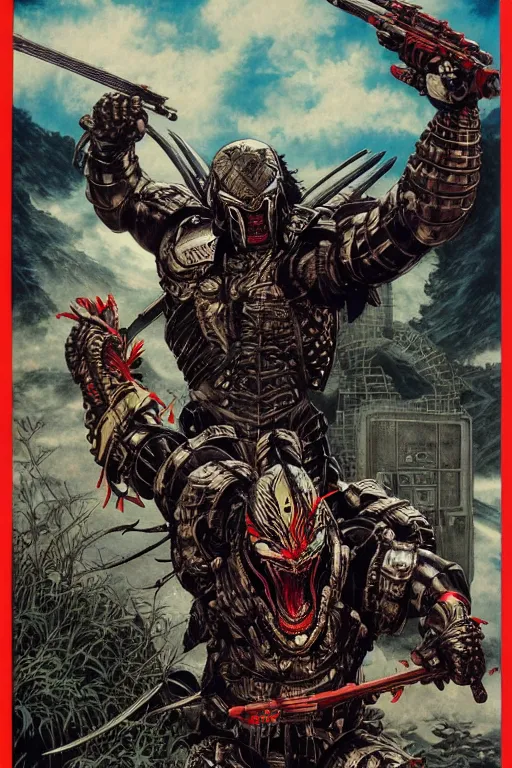 Prompt: poster of the predator with japanese armor and helmet, by yoichi hatakenaka, masamune shirow, josan gonzales and dan mumford, ayami kojima, takato yamamoto, barclay shaw, karol bak, yukito kishiro