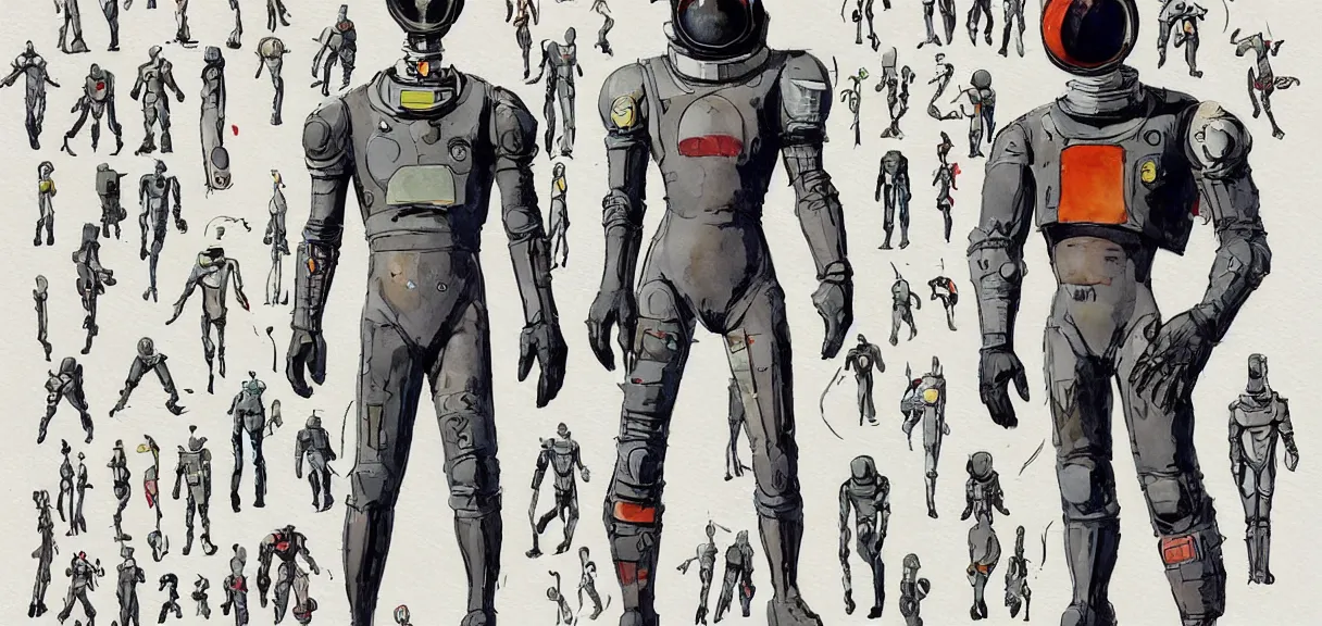 Image similar to male, full body, space suit with a modern helmet, large shoulders, short torso, long thin legs, tiny feet, watercolor wash, character sheet, science fiction, very stylized character design, digital painting, by mike mignola, by alex maleev, jean giraud
