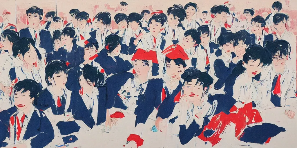 Prompt: in the afternoon at school, a beautiful girl kill her boyfriend as a group of students in sailor uniforms watch by wu guanzhong