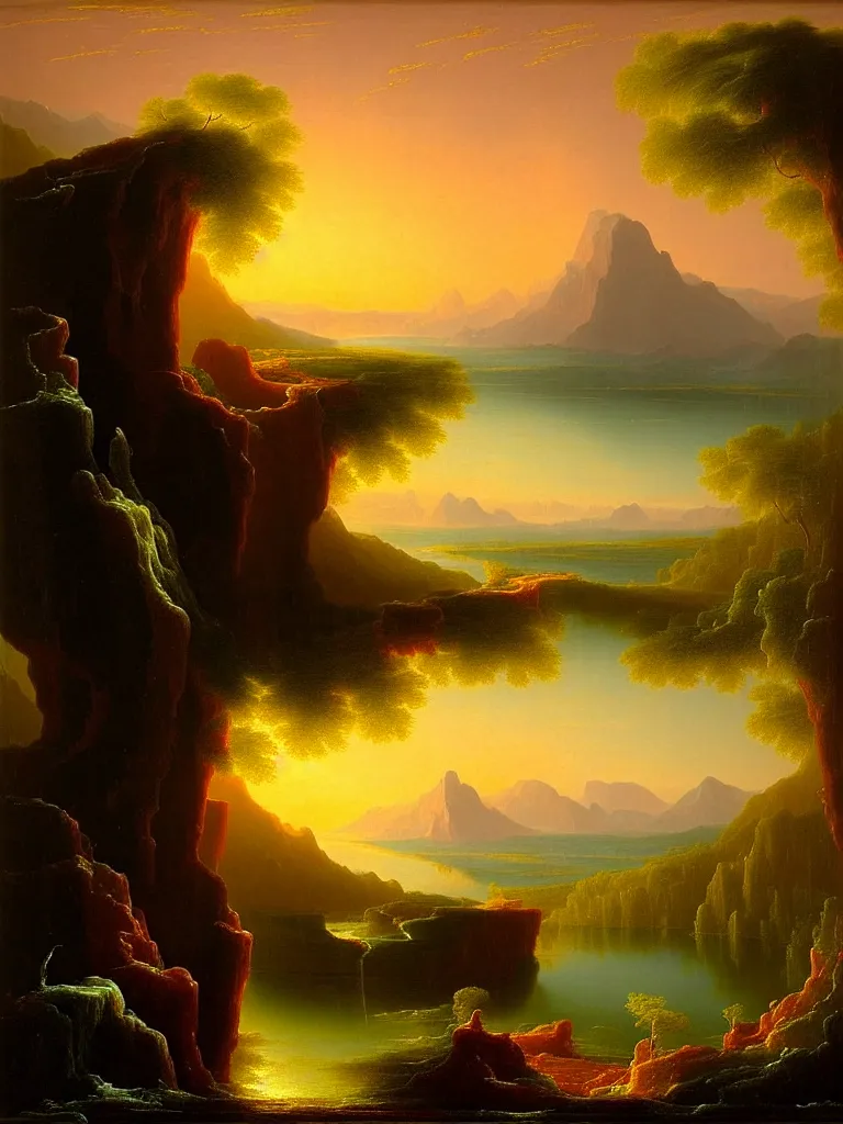 Prompt: a surreal landscape at sunset with a immense gigantic ornated iron chalice cup with a lake inside, water in excess droping by thomas cole