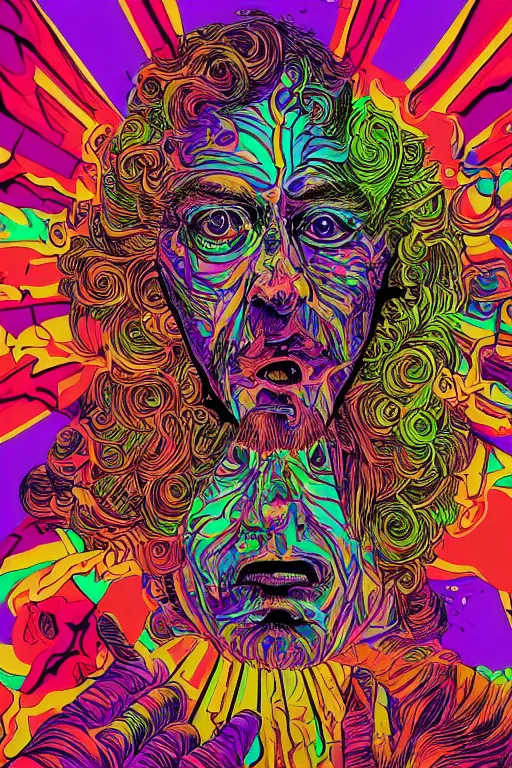 Image similar to a man tries a tab of LSD acid for the first time and hallucinates, by jack kirby, alex grey and dan hillier, colorful flat design, hd, 8k