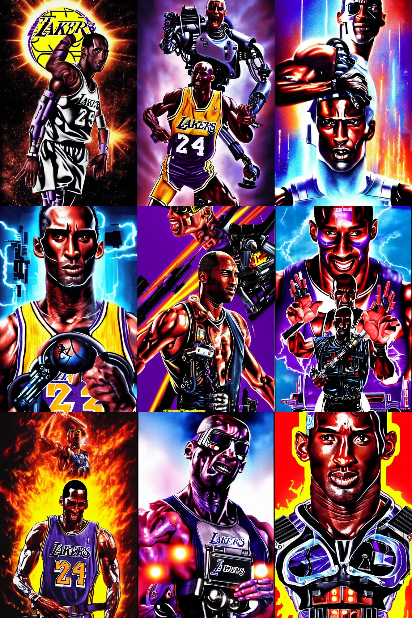 Prompt: the terminator ( 1 9 8 4 ), 8 0's movie poster art, lakers kobe bryant as a cyborg, terminator, fan art, digital art, vibrant, trending on artstation