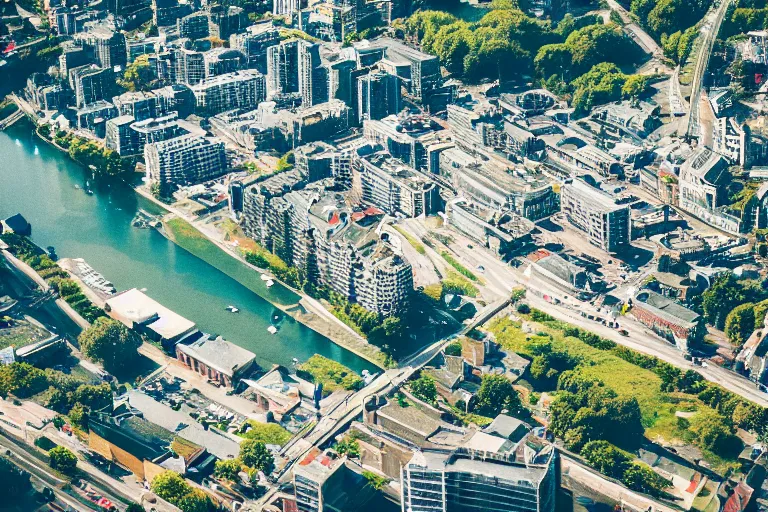 Image similar to bird's eye view photography of a small city. town hall, central farm, monorail station, beach and harbor. hills, woods and lake to the north.