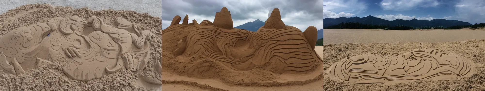 Prompt: lakeside mountains, sand sculpture