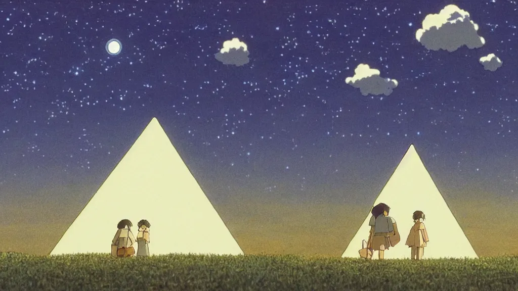 Prompt: a movie still from a studio ghibli film showing a floating large white pyramid with a gold capstone, and a ufo on a misty and starry night. by studio ghibli
