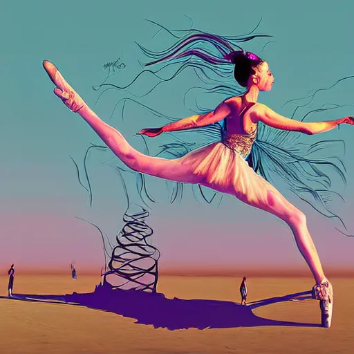 Prompt: burning man ballerina, digital art, post apocalyptic, fantasy, calligraphy