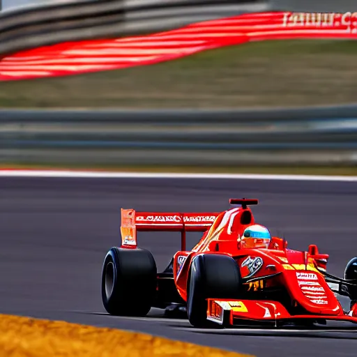 Image similar to lightning mcqueen from the movie cars driving in a formula one race on spa francorchamps, f 1, cars, highly detailed, golden hour,