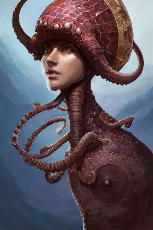 Prompt: portrait of the Plectronoceras cephalopod wizard wearing the epic artifact headgear by artgerm and Craig Mullins, James Jean, Andrey Ryabovichev, Mark Simonetti and Peter Morbacher 16k