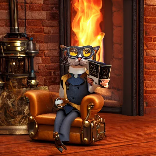 Image similar to a 3 d render of steampunk cat sits in a chair in front of a fireplace in a book lined room and smokes a pipe, high realistic, high detailed, octane render