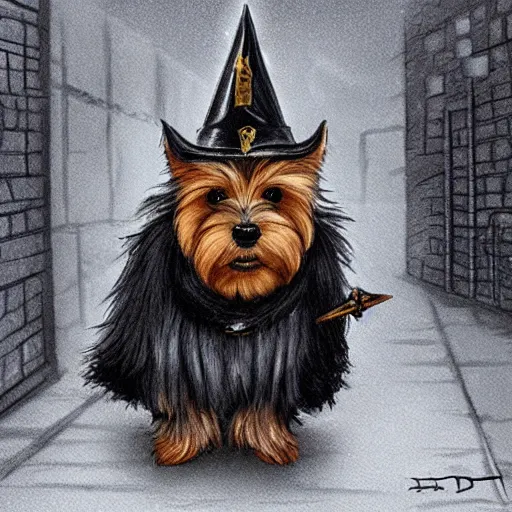 Image similar to detective yorkshire terrier wearing a wizard hat, in a dark alley, by D&D Concept Artists