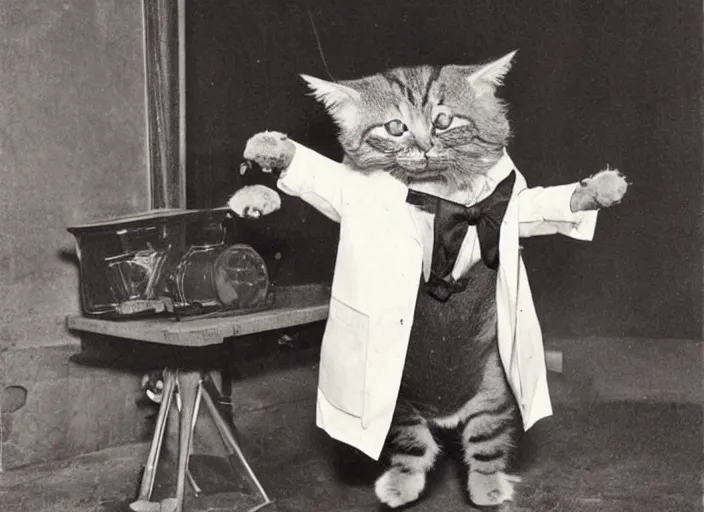 Image similar to old photograph of an anthropomorphic cat wearing a lab coat