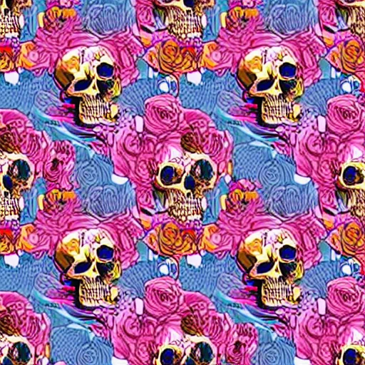 Image similar to large skulls and vivid roses seamless pattern, Jen Bartel, Dan Mumford, Satoshi Kon, gouache illustration