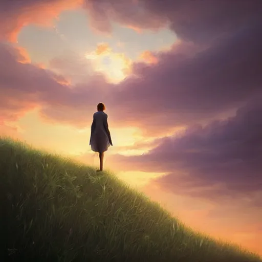 Image similar to “a lonely woman standing at the top of a hill at sunset waiting for someone to return, detailed and realistic 8k HD oil painting, by Tyler edlin”